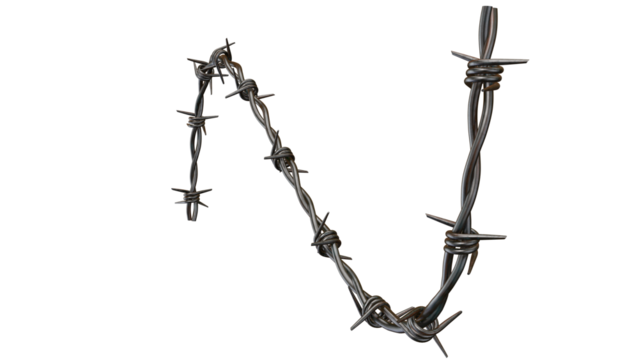 Twisted strand of barbed wire rendered with sharp metallic details against a transparent background for dramatic effect.