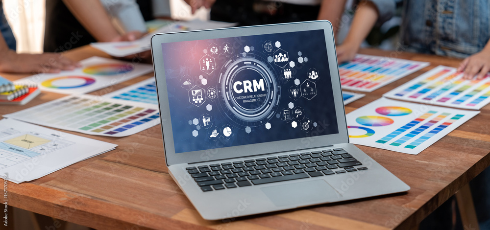 Poster Customer relationship management system on brisk computer for CRM business and enterprise