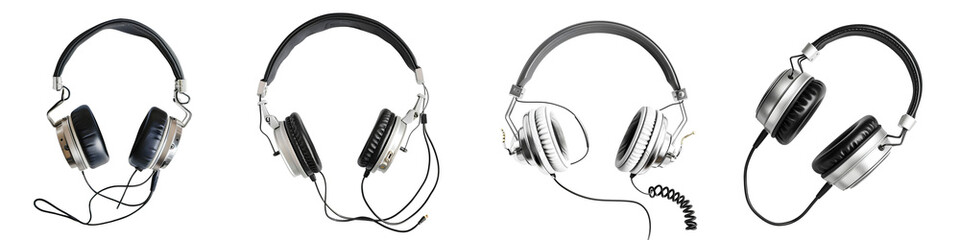 Set of vintage-style wired headphones with silver finish, isolated on transparent background

