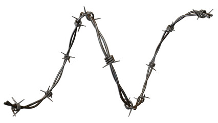 Twisted strand of aged barbed wire against a stark black backdrop creates a gritty, industrial, and...