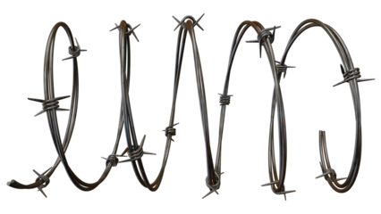 Twisted strands of barbed wire fence reflect danger and provide a modern industrial look against a stark transparent background, perfect for adding an edgy feel.