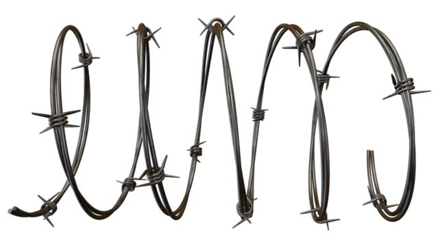 Twisted strands of barbed wire fence reflect danger and provide a modern industrial look against a stark transparent background, perfect for adding an edgy feel.