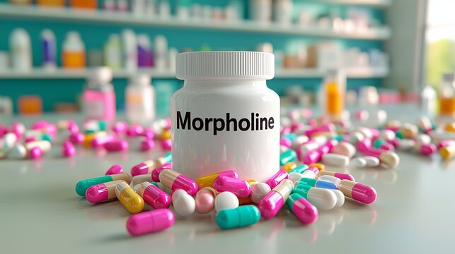 A container of Morpholine surrounded by colorful capsules on a pharmacy counter.