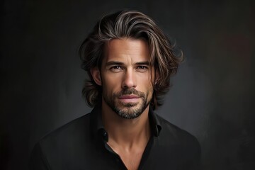 Obraz premium Intense Portrait of Long-Haired Man in Dark Studio Lighting