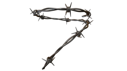 Barbed wire forms the number seven against a stark transparent background, showcasing a unique, edgy design element with sharp, metallic textures.
