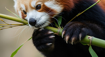 A Red Panda Eats Bamboo Sticks. 