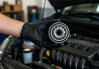 A gloved hand holding a car oil filter in front of an open engine compartment in a garage space