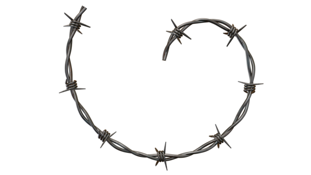 A twisted barbed wire piece creates a raw, industrial design element, isolated against a black backdrop for impactful visual projects, transparent background - Powered by Adobe