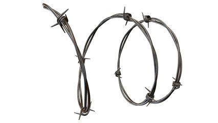 A twisted strand of realistic barbed wire stands against a stark transparent background, ideal for...