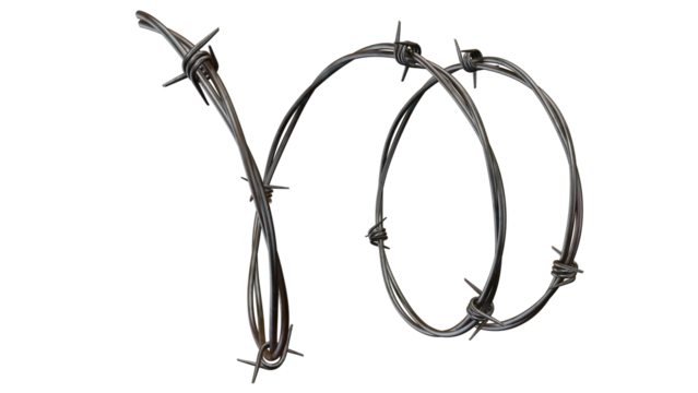A twisted strand of realistic barbed wire stands against a stark transparent background, ideal for conceptual design or graphic arts.