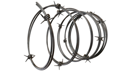 Metallic barbed wire on a transparent background evokes themes of danger, security and restriction with sharp details.