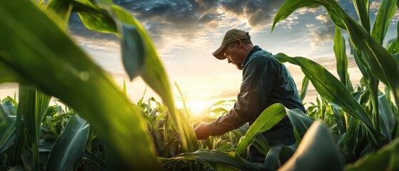 The farmer tending to corn in a vibrant sunset field.
