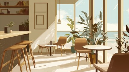 Fototapeta premium Warm cafe interior with sunny views, chairs, plants, and sunlight