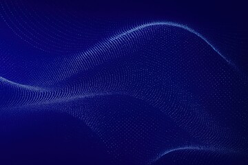 Abstract flowing wave of glowing blue particles against a dark blue gradient background