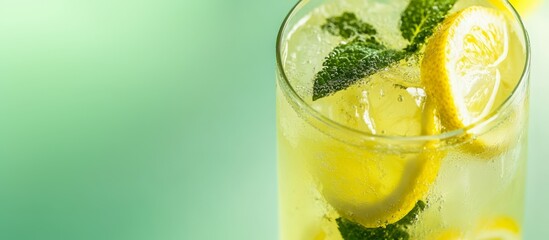 Fototapeta premium Chilled lemonade glass featuring sparkling ice cubes, zesty lemon rounds, fresh mint leaves on soothing green backdrop, promising cool refreshment