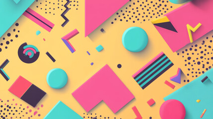 Colorful geometric shapes forming dynamic memphis pattern, representing 1980s graphic design aesthetic with bold, playful visual composition