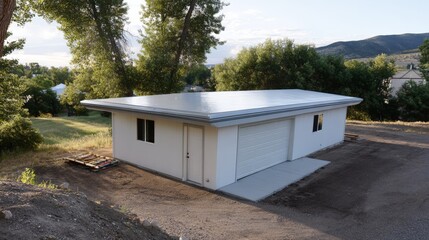 Modern flat garage with rolled roofing in scenic landscape.