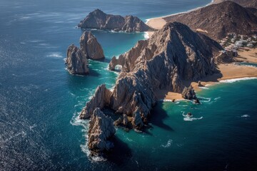 Breathtaking aerial view of Lands End and the Arch revealing dramatic rock formations along the coastline of Cabo San Lucas at midday