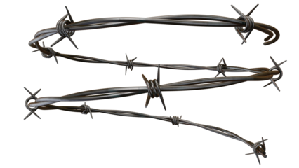 Three strands of barbed wire are isolated on a transparent background, offering a gritty texture perfect for graphic design.