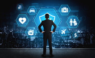 Security and insurance concept showing protection coverage for health, travel, home, car, life, and...