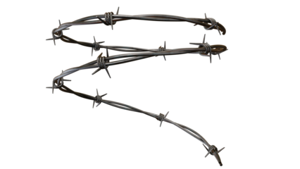 Barbed wire strand presented against a stark black backdrop, offering a dangerous yet compelling metallic texture, transparent background