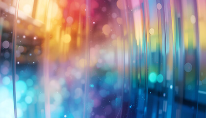 Abstract refraction creates a mesmerizing rainbow effect with vibrant gradients and light bokeh circles against a blurred, dreamy background.