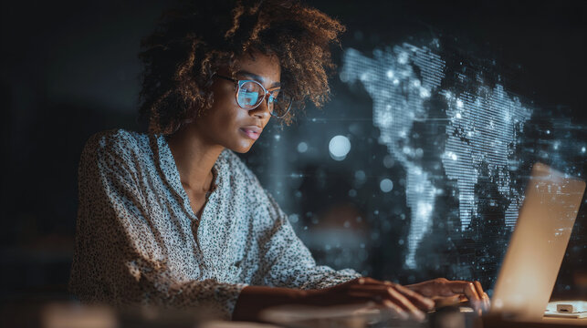 Digital technology, internet network connection, global business concept. Woman using modern computer surfing the internet, data exchange, digital marleting, innovative technology background.