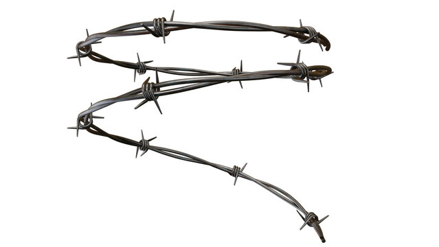 Barbed wire strand presented against a stark black backdrop, offering a dangerous yet compelling metallic texture, transparent background