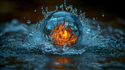 A crystal sphere, reflecting flames, impacting water
