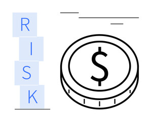 Coin with dollar sign and blocks spelling RISK vertically. Ideal for finance, investment, risk management, banking, business planning, monetary policy, economic growth. Simple flat metaphor