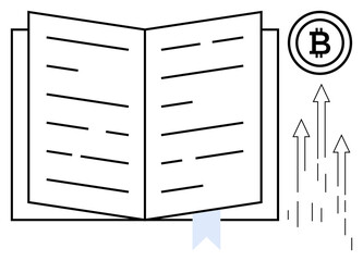 Open book with bookmark, Bitcoin circle, and rising arrows symbolizing knowledge, cryptocurrency growth, success, and financial literacy. Ideal for finance, technology, education blockchain