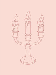 Elegant hand-drawn candle holder with three lit candles in soft pink tones. Romantic vintage style, perfect for celebration, wedding, or cozy atmosphere illustrations.