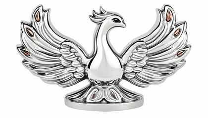 Polished silver bird figurine with outstretched wings and copper accents, presented on a white background