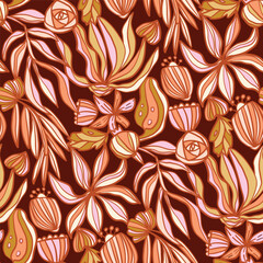 Vector floral seamless hand drawn pattern in warm colors
