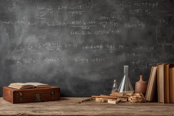 Charming back to school setting with a vintage desk, chalkboard filled with math and science notes, stacked books, and various study materials ideal for students of all ages