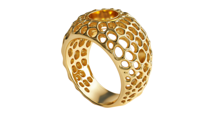 A gold ring with a unique, artistic design displayed on a white background or transparent png 