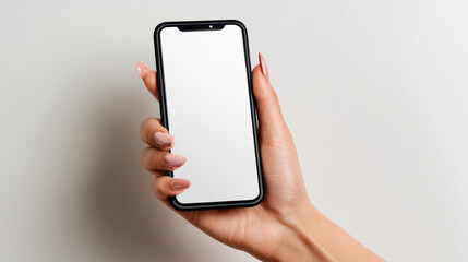 Close up of woman hand holding modern smart phone mockup. New modern black frameless smartphone mockup with blank white screen. Isolated on white background high quality studio shot Modern smart