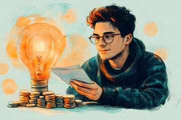 Man reading with a bright lightbulb and stacked coins, in watercolor style, hinting at financial idea