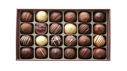 An assorted chocolate box with various types of chocolates, each placed in its own divided compartment, isolated on a clean white background or transparent png 