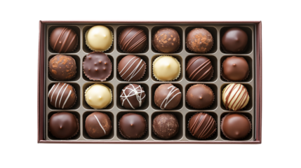 An assorted chocolate box with various types of chocolates, each placed in its own divided compartment, isolated on a clean white background or transparent png 