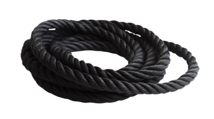 Thick and strong black rope with visible texture, isolated on white background or transparent PNG.