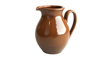 A shiny clay jug with a smooth surface and curved handle, isolated on a white background or transparent png 