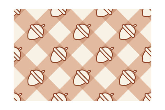Beige brown gingham pattern with repeating acorn icons, autumn fall theme vector