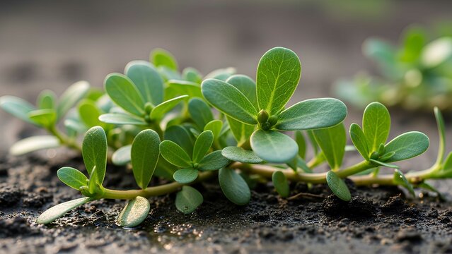 Close-up of fresh green leaves of purslane (Portulaca oleracea), also known as krokot, growing on moist soil in natural light, showing botanical detail and texture