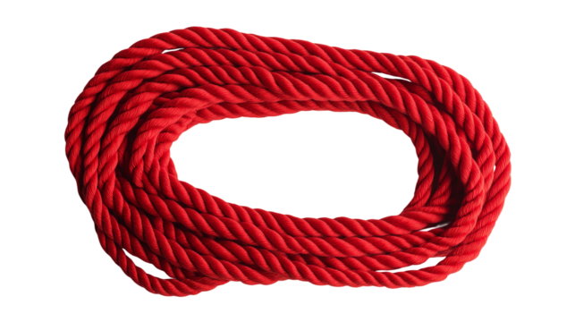 Thick and strong red rope with visible texture, isolated on white background or transparent PNG.