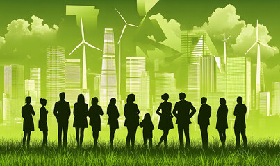 Silhouetted group with green cityscape, wind turbines, and stylized grass against a bright background