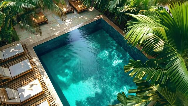 Luxury swimming pool with deck chairs and tropical greenery around
