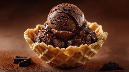 Rich dark chocolate gelato scooped into crunchy waffle cup with cocoa dust garnish isolated on soft brown background