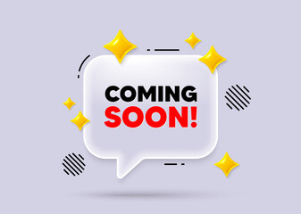 Coming soon chat speech bubble. Social media concept. Coming soon tag. Promotion banner sign. New product release symbol. 3d sparkles chat bubble. Vector