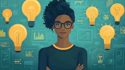 Digital illustration of a woman with glasses amid light bulbs and data graphics, teal background
